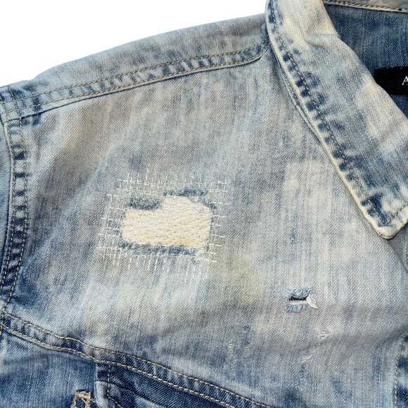 Akoo Distressed Denim Button-Up Shirt With Chest Pockets & Stitch Detail L - Picture 5 of 16